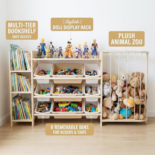 4-in-1 Kids Toy Storage Organizer with Bookcase and Plushie Zoo