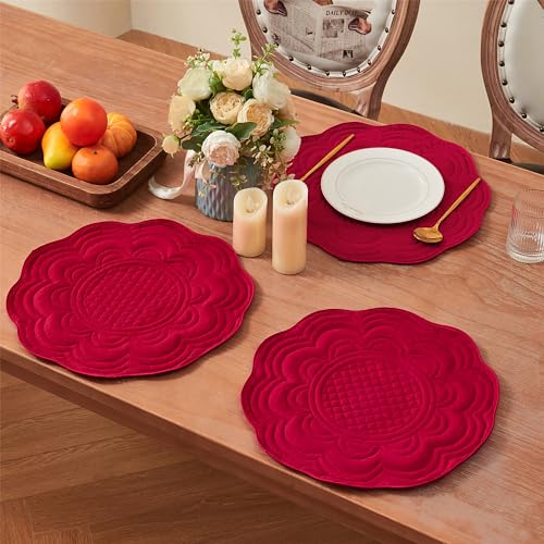Loom and Mill Christmas Red Quilted Round Placemats Set of 6, 15-inch