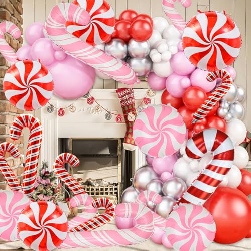 Wclliuchi 23Pcs Pink Candy Cane Christmas Balloons Set - Foil Party Decor