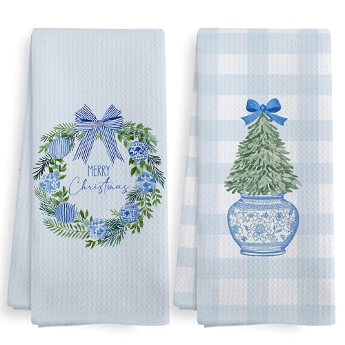 XNXLDYLH Chinoiserie Christmas Wreath Kitchen Towel Set - 2 Blue & White Holiday Dishcloths, 16x24 inches