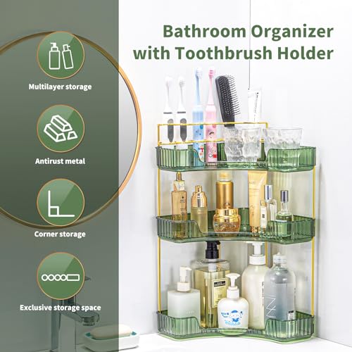 Green 3-Tier Corner Makeup Organizer with Brush Holder - Bathroom Storage