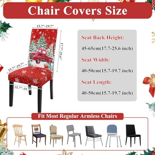 Christmas Chair Covers Set of 6 with Snowman Truck & Tree Design - Stretch Fit Holiday Slipcovers
