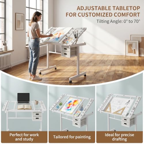 Adjustable Drafting Table with Glass Top, Rolling Art Desk with Drawers