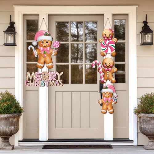 Pink Gingerbread Man Christmas Wooden Door Sign - Holiday Decor, 20.5 x 6.2 inches