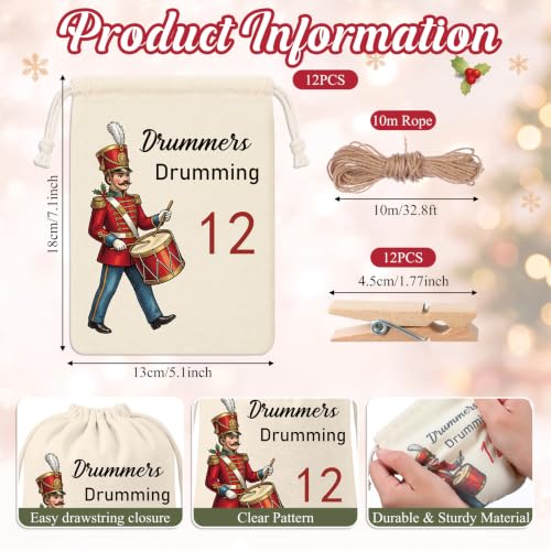 12 Pcs Christmas Countdown Advent Calendar Bags with Vintage Design & Setup Kit
