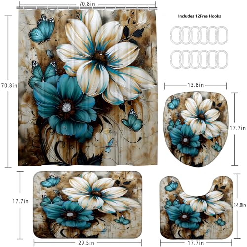 4-Piece Floral Shower Curtain and Bathroom Rug Set with Hooks