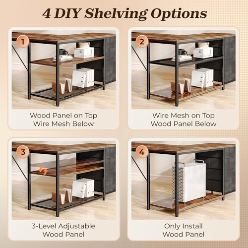 61-Inch L-Shaped Corner Desk with Power Outlets, 4 Drawers and Storage Shelves