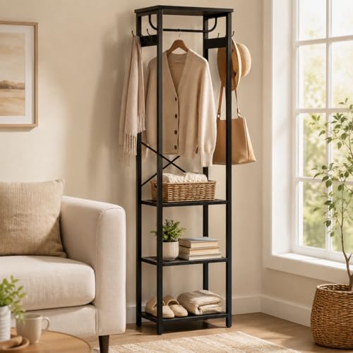 Industrial Freestanding Coat Rack with Hanging Rod and 3 Wooden Shelves