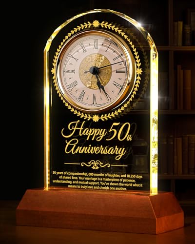 50th Wedding Anniversary Crystal Clock with LED Wooden Light Base