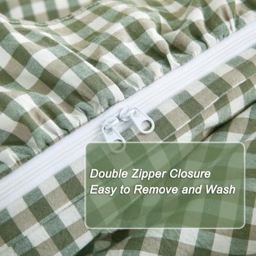 Sage Green Plaid Ruffle Duvet Cover Set - 100% Cotton, Full Size