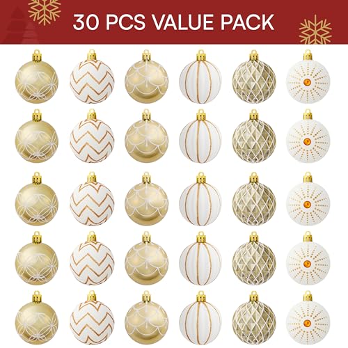 Christmas Tree Ornaments Set - 30 Shatterproof Gold & White Balls for Holiday Decor
