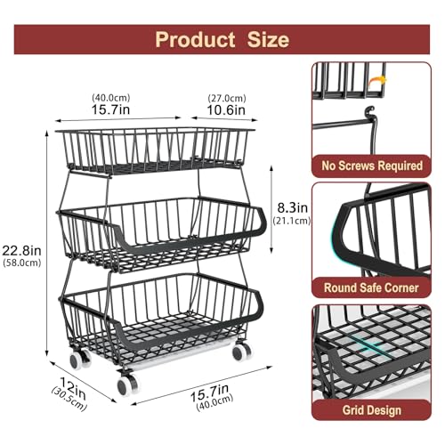 3-Tier Rolling Pantry Cart, Stackable Wire Fruit & Vegetable Basket Stand