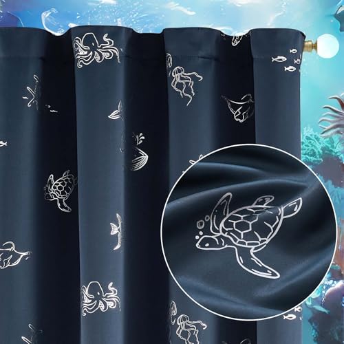 Ocean Print Blackout Curtains for Kids Bedroom, 52x63 Inch Navy, 2 Panels