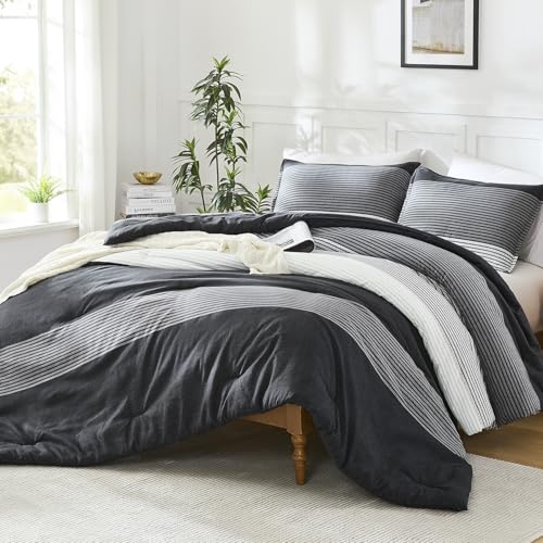 Black Striped Full Comforter Set - 3-Piece Soft Down Alternative Bedding