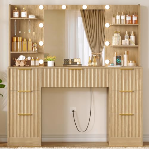 Fluted Vanity Desk with Mirror, LED Lights, Power Outlet & 7 Drawers