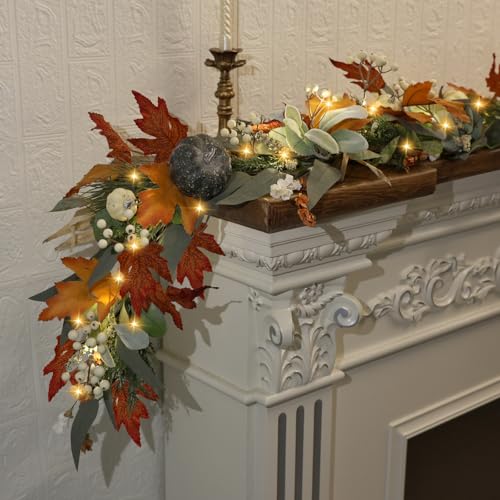 6FT Lighted Fall Maple Leaf Garland with Timer & Pumpkins for Mantel Decor