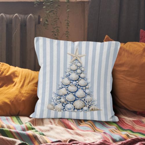 Blue Beach Christmas Tree Throw Pillow Cover 18x18 Home Decor - Seasonal Accent
