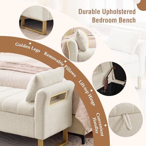 66-Inch Teddy Fabric Storage Bench for Bedroom with Gold Legs and 2 Pillows