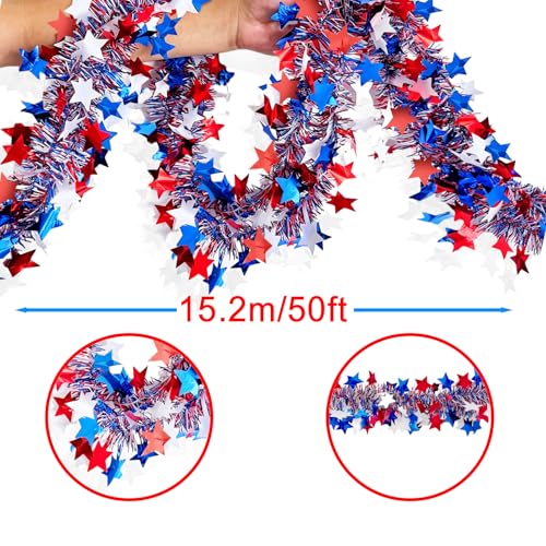Patriotic 4th of July Tinsel Garland - 50ft Red White & Blue Metallic Decor