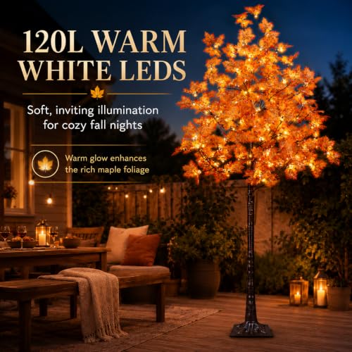 6ft Artificial Lighted Maple Tree - 120 LED Warm White Fall Decor, Indoor & Outdoor