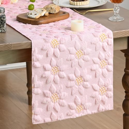 Artoid Mode Pink Soft Plush Faux Fur Jacquard Embroidery Sunflower Table Runner 13x48