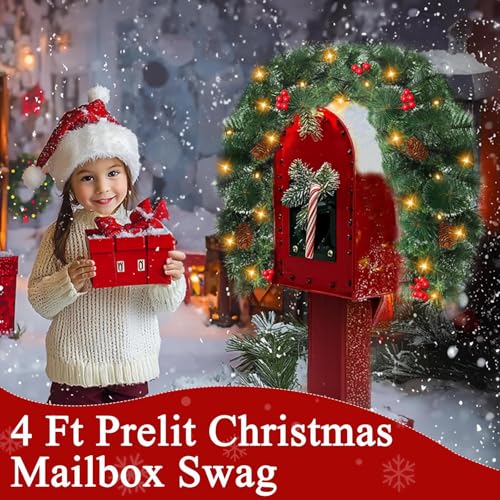 4 Ft Prelit Christmas Mailbox Swag with Remote, LED Color-Changing Lights