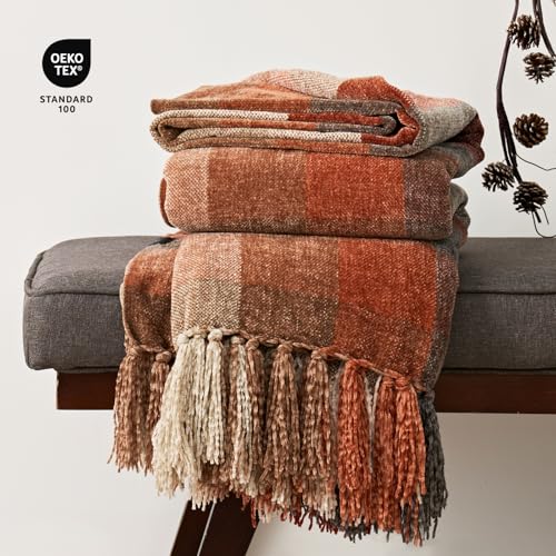 EverGrace Harvest Plaid Throw Blanket with Tassels - 50"x60" Soft Knit Throw