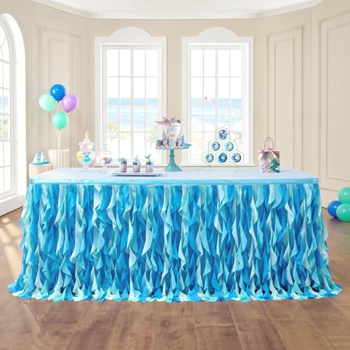 6FT Curly Willow Tulle Table Skirt for Party Decorations, Ocean Blue