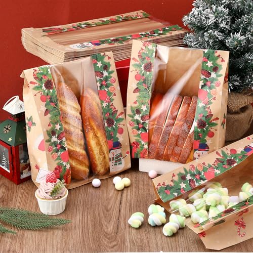 200 Pcs Christmas Kraft Paper Bread Bags with Window & Stickers, 13.7x8.2x3.5in Large Sourdough Bags (SilTriangle, 200 qty, Christmas)