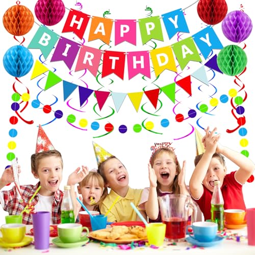 FECEDY Birthday Party Decorations Set with Banner, Honeycomb Balls and Confetti