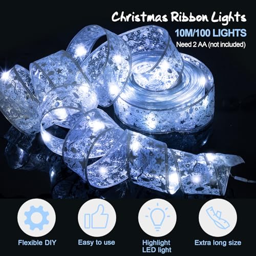 Ouddy Life Silver-White 32ft Christmas Ribbon Fairy Lights 100 LED for Tree & Holiday Decor