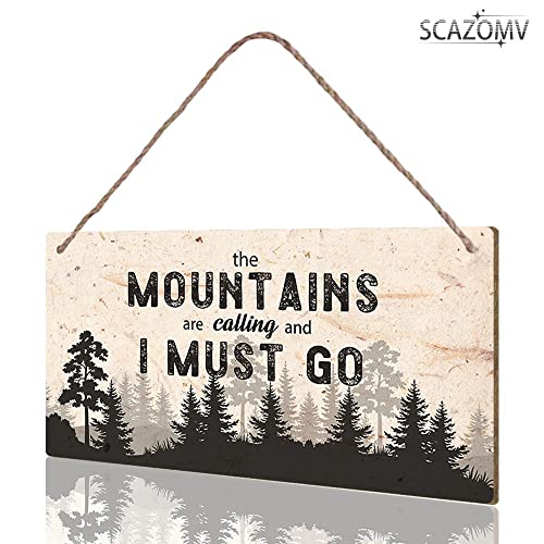 The Mountains Are Calling Wood Sign, 10x5 Inch Rustic Wall Hanging Plaque