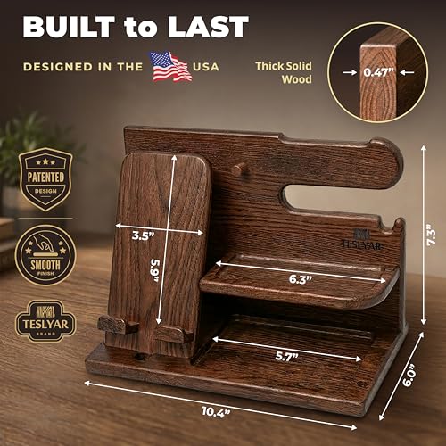 Wooden Phone Docking Station Bedside Organizer for Men Brown