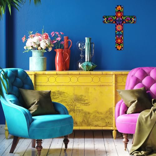 Floral Wooden Wall Cross, Hand Painted Mexican Style Decorative Crucifix