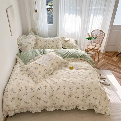 Reversible Sage Green Floral Duvet Cover Set - 100% Cotton Queen Bedding with Ruffle Lace