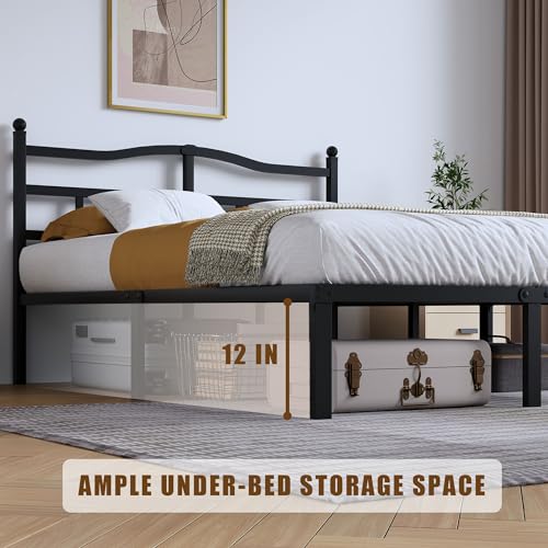Queen Size 14-Inch Metal Platform Bed Frame with Headboard, Heavy Duty