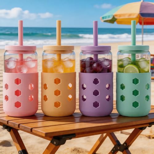 16oz Glass Iced Coffee Cups with Lids and Straws, 4-Pack Mint