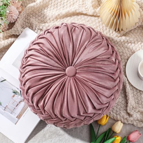 Round Velvet Pleated Throw Pillow - 15-inch Pumpkin Accent Cushion