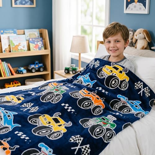 Glow in the Dark Truck Blanket for Kids, Soft Fleece Throw 40x60 Inches