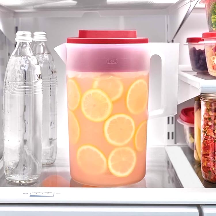 1 Pack 1 Gallon 4 Quarts Plastic Beverage Pitcher Clear Body & Red Lid, 3 Position Pour Spout Lid for Water Tea and Drinks