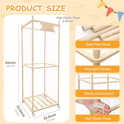 Wooden Stuffed Animal Storage Zoo with Wheels - Large Toy Organizer Cage