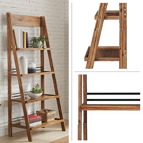 4-Tier Ladder Bookshelf, Rustic Wood Standing Bookcase with X-Back Frame