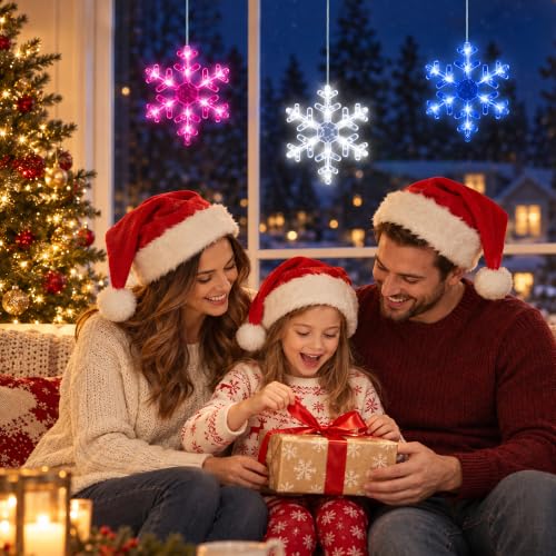 Faiclrr 3-Pack Snowflake Christmas Window Lights Battery Operated with Suction Cups, Indoor & Outdoor Holiday Decor