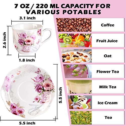 GuangYang 7 oz Porcelain Tea Cup & Saucers Set - Elegant Floral Pattern, Pack of 6