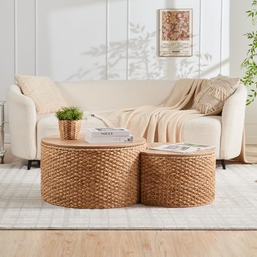 Round Wicker Nesting Coffee Table Set of 2 with Hidden Storage