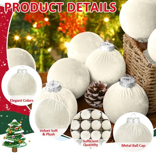 Cream White Velvet Christmas Ornaments 3.14 Inch, Set of 16 Holiday Tree Decorations