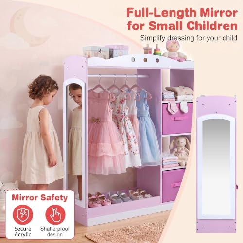 Kids Dress Up Storage Wardrobe with Mirror, Pink Toddler Costume Closet