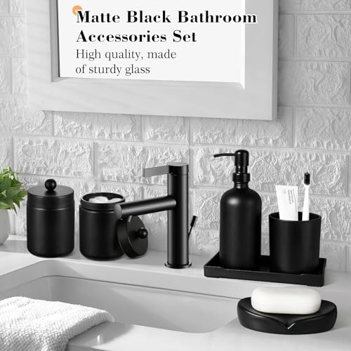 7-Piece Matte Black Glass Bathroom Accessory Set with Trash Can