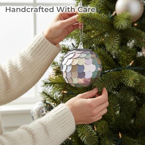 XMIAOX Lunara Silver 3.15 Inch Iridescent Paillettes Christmas Ornament - 4 Pack