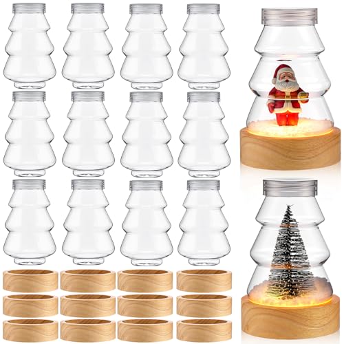 Irenare 12-Pack Christmas Snow Globe DIY Kit with LED Light Wooden Base - Tree Shaped Globe Jar for Crafts